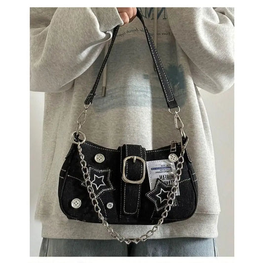 Fashion Women's Handbags Denim Stars Pattern Cool Girls Y2K  Underarm Bag Canvas Female Small Shoulder Bags Chain Tote Bag