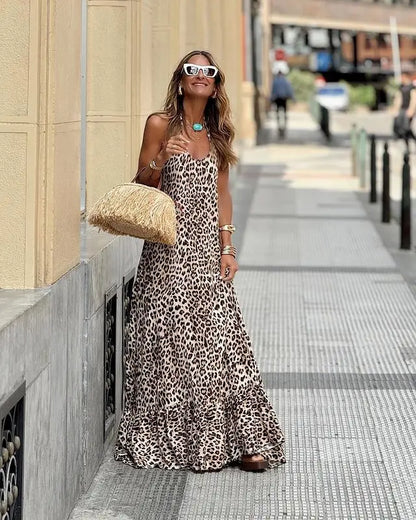 Women's Dress Fashion Spaghetti Strap Summer Leopard Elegant Casual Loose New Dresses For Women Robe Femme Holiday Party Dress