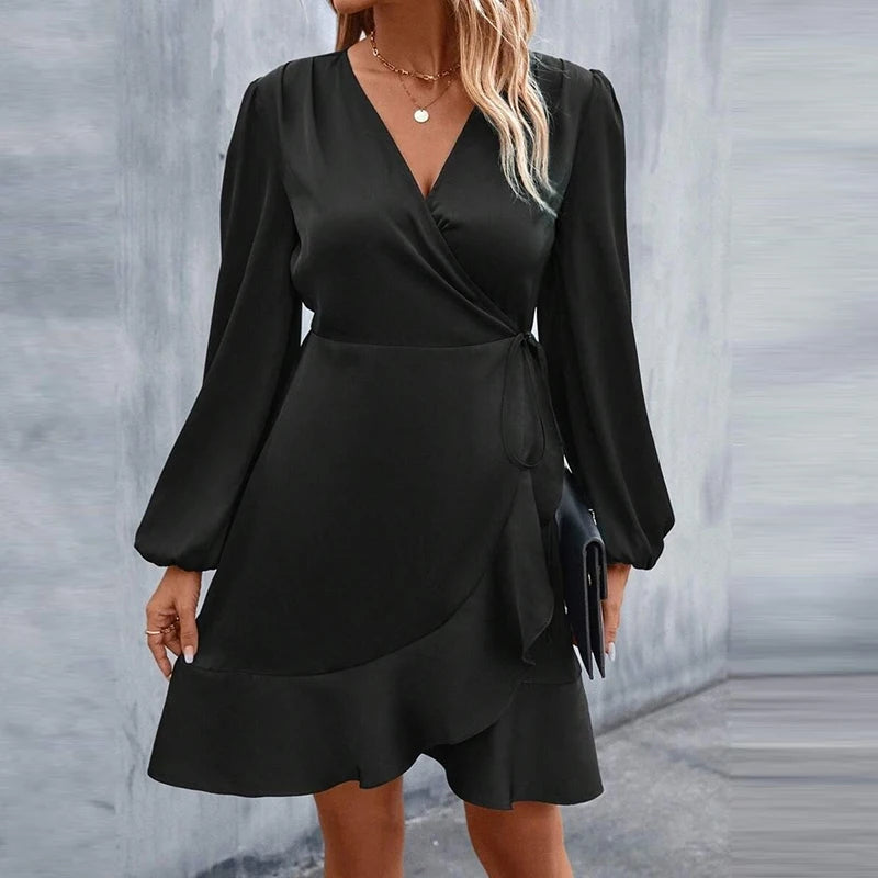 Fashion Women Satin Mini Dress Boho Vintage V Neck Button Shirt Dresses For Women Casual Office Dress 2023