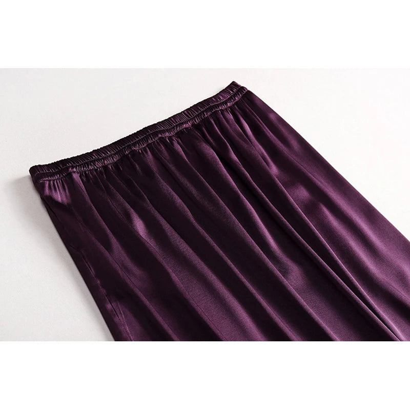 Women's 100% Mulberry Silk Midi Skirts Elastic High Waist A-Line Pull On Closure Summer Long Skirt