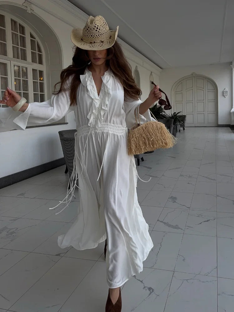Elegant Solid Flounces Dresses Chic Loose V Neck Full Sleeve Female Long Robes New Lady Summer Commute Vacation Dress 2025
