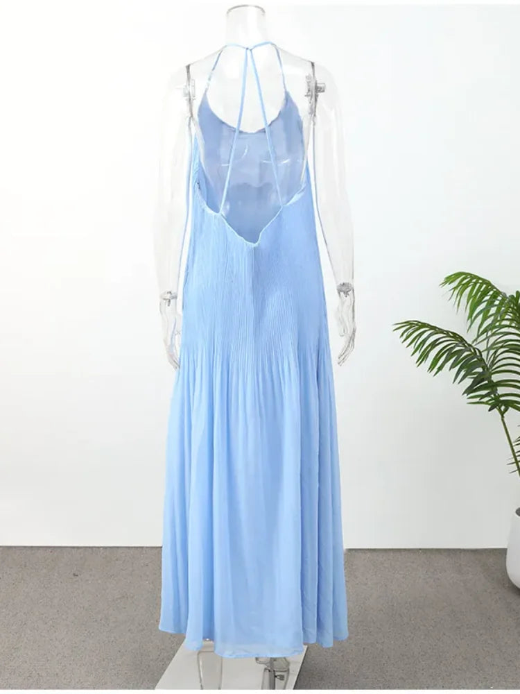 Blue Pleated Backless Maxi Dresses Women V Neck Off Shoulder A Line Loose Holiday Long Dress Elegant Casual Summer Vacation Robe