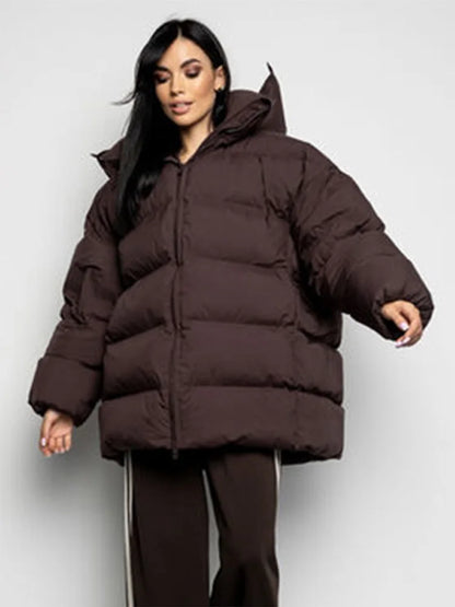 Winter Warm Hooded Cotton Jacket Women Fashion Standneck Zipper Long Sleeves Oversize Coats 2025 Female Chic Casual Outerwear