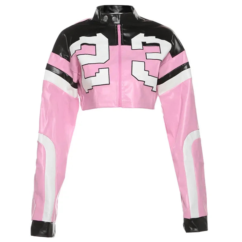 CM.YAYA Women Fashion Letter Printed Patchwork Zipper Fly Moto and Biker Style Faux Leather PU Jackets