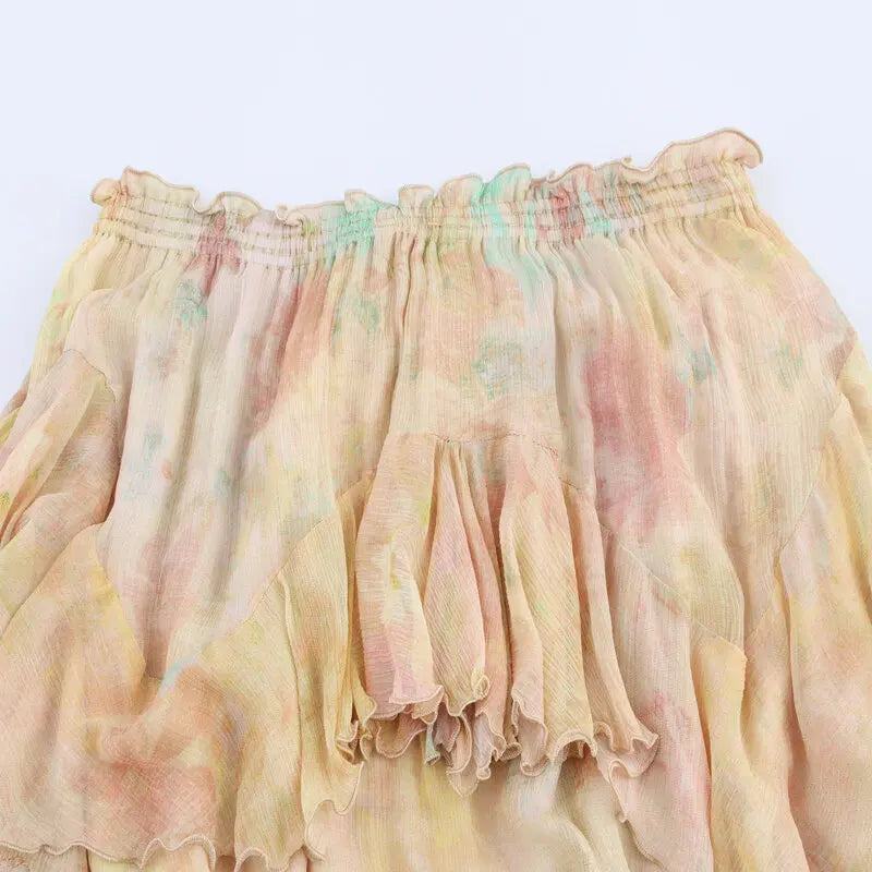 Summer 2025 Long Printed Layered Decorative Skirt Women's Faion Design High Waist Midi Skirt Floral Patterned Skirts
