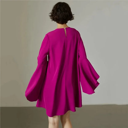 2024 Spring Autumn Fashion Solid Mini Dress New Elegant Women's Round Neck Ruffled Sleeves Loose Casual Office Lady Dresses Robe