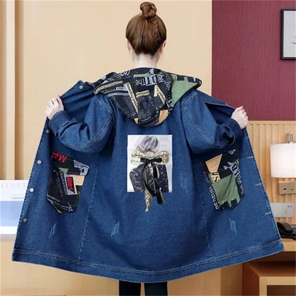 2025 Spring Autumn Denim Jacket Women Hooded Windbreaker Cartoon Printed Coat Long Outerwear Female Oversize 5XL Loose Overcoat