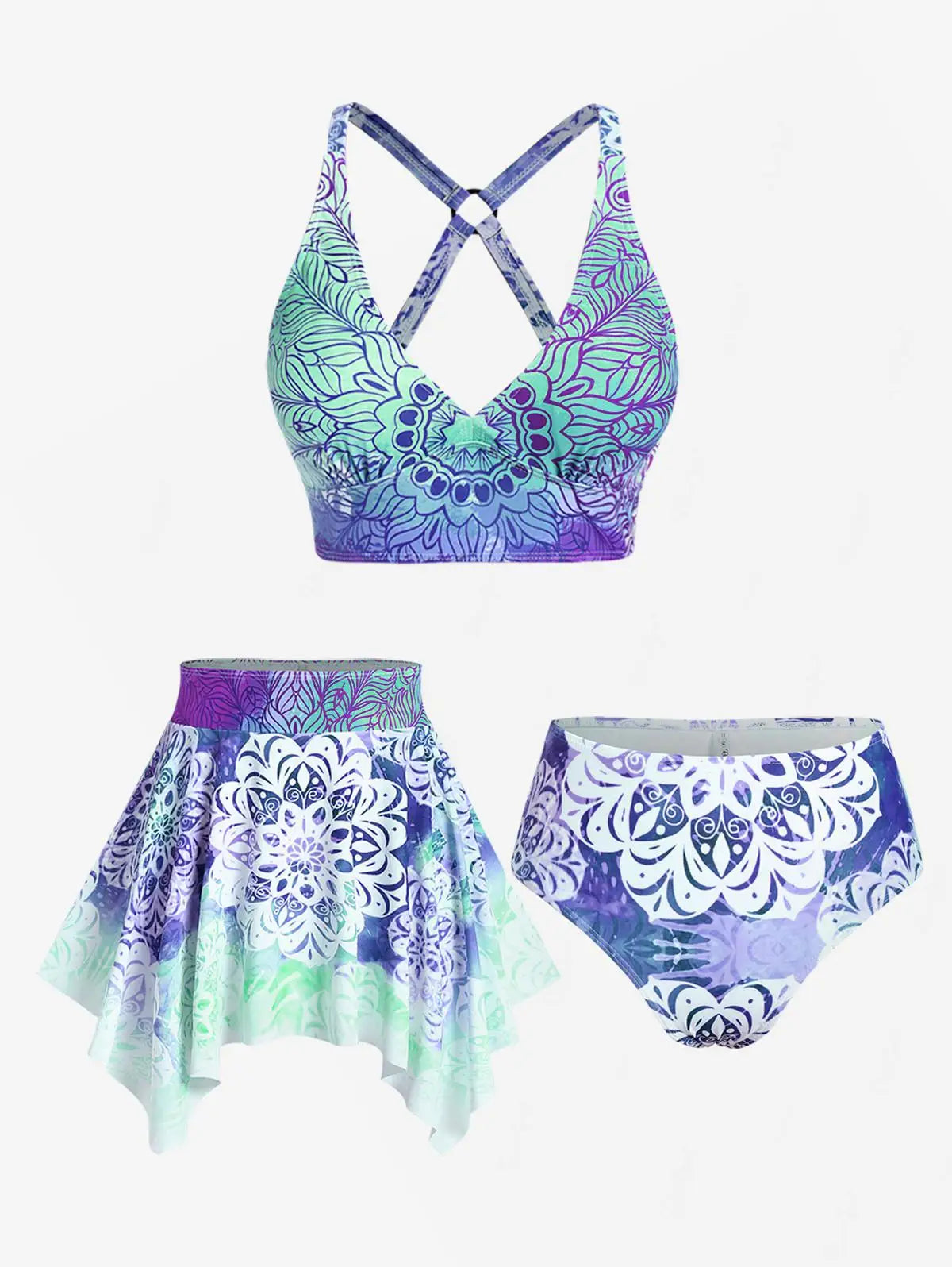 ROSEGAL Plus Size Women's Three-Piece Padded Tankini Swimsuit Stripe Colorblock Bikinis Set, Or Purple Ethnic Printed Swimwears