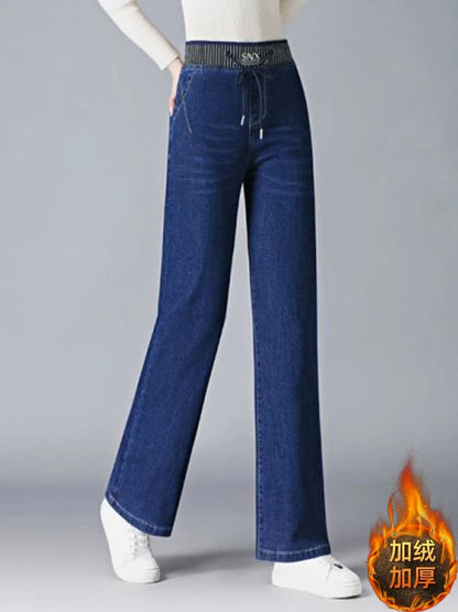 Elastic High Waist Baggy Straight Jeans Winter Warm Thicken Velvet Lined Wide Leg Denim Pants Women Casual Vintage Vaqueros New