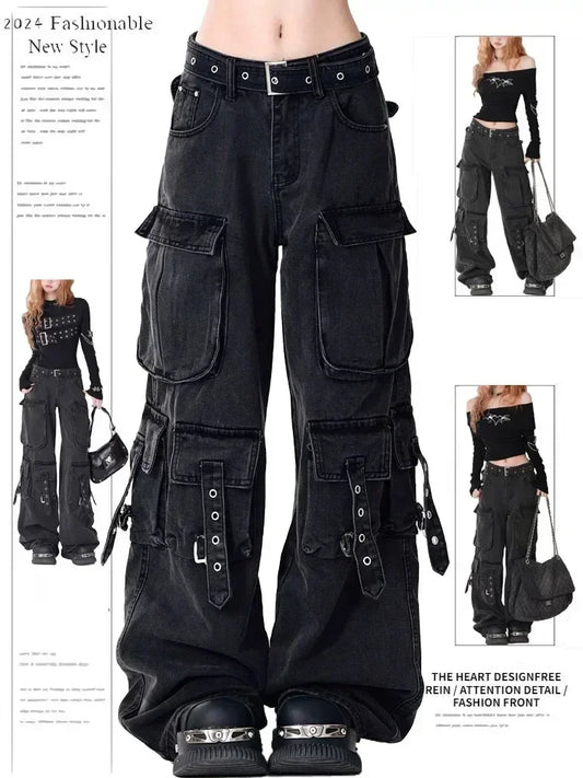 ADAgirl Cargo Straight Leg Jeans Women Y2k Harajuku Baggy Retro Do Old Belt Korean High Waist Denim Pants Hip Hop Slouchy Jeans