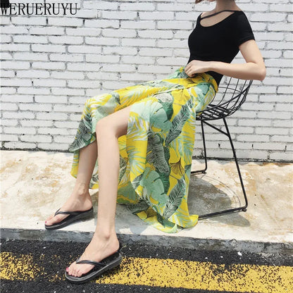 WERUERUYU Wrap Skirts Women Casual Chiffon Tie-Waist Ruffle Wide Leg Loose