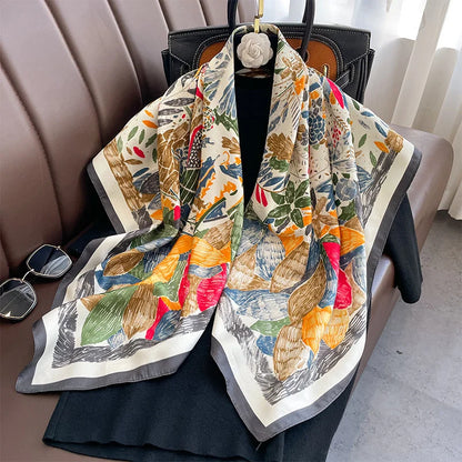 Twill Silk Scarf Women 90cm Square Hijab Shawls And Wraps Female Foulard Headkerchief Elegant Floral Summer Autumn Lady Bandana