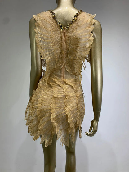 Women Sexy White Gold Crystal Transparent Wings Mini Dress Bar Nightclub Party Singer Stage Performance Costume