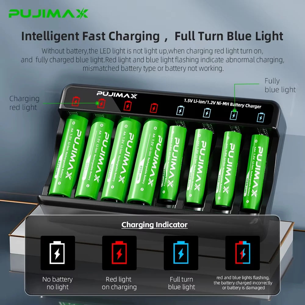 PUJIMAX 2/4/8-slot Battery Charger for 1.5V AAA/AA Li-on Rechargeable Battery Short Circuit Protection LED Display USB Charger