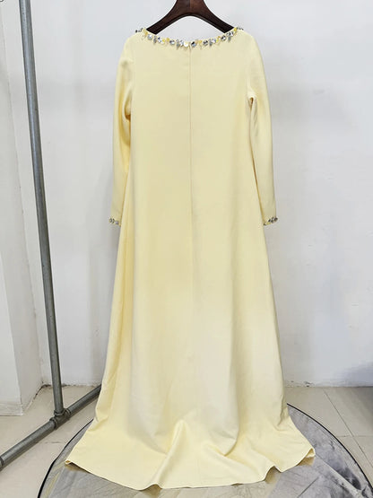 Modphy Loose Solid Crystal Bead Elegant Chic Dresses For Women Round Neck Long Sleeve Solid Long Maxi Dress Female