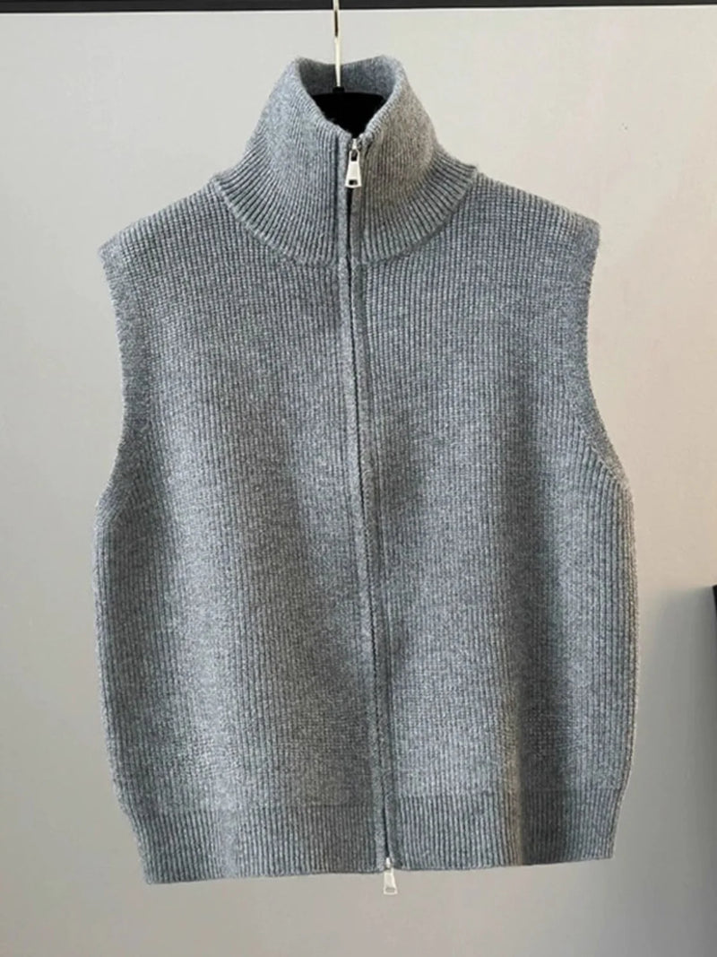 High Collar Zipper Knitted Open Cardigan Vest Women's Loose Layering Jacket Sweater Shoulder Pad Spring Autumn Winter New Style