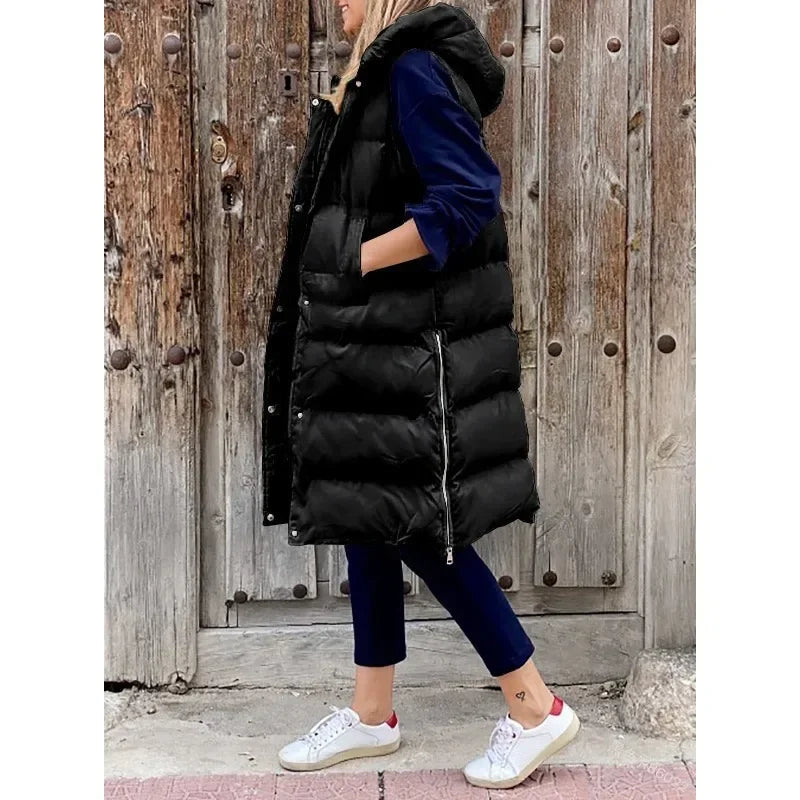 Women Autumn Winter Hooded Vest Coats Outwear Jacket Single-breasted Sleeveless Warm Solid Color Coats Parka