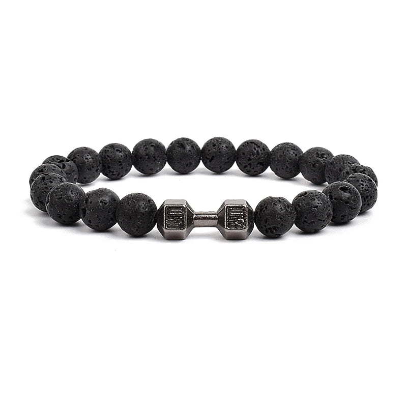 Dumbbells For Men Beads Bracelet Natural Black Volcanic Lava Stone Energy Barbell Fashion Bracelets Bangles Handmade Jewelry