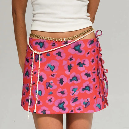 Multi-wear style Floral Print Mini Skirt Crop Tops Women Slim Low Waist Side Split Tie-Up Bodycon Skirt Y2K Vintage Streetwear