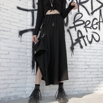 MEXZT Harajuku Cargo Skirts Women High Waist Buckle Irregular Skirts Gothic Punk Freely Adjustable Black A Line Midi Long Skirt
