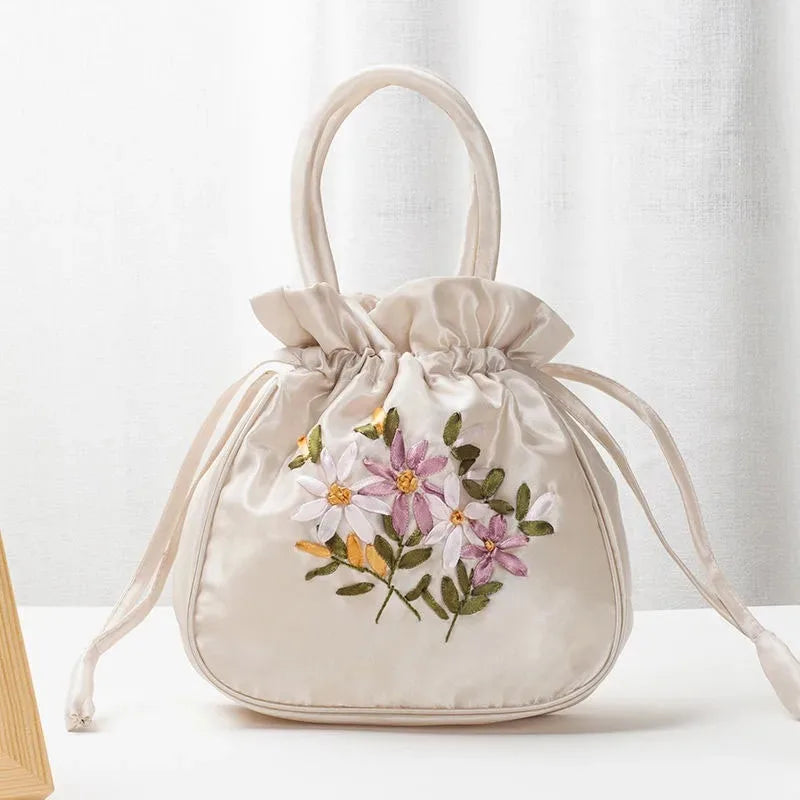 Women Bucket Bag Top Handle Ladies Handbag Phone Bag Summer Small Purse National Style Embroidered Flower Pattern Drawstring Bag