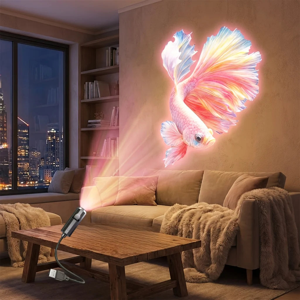 Portable marine life projector light, featuring 8 light panels including jellyfish, whale, and sea turtle; USB powered, 360° rot