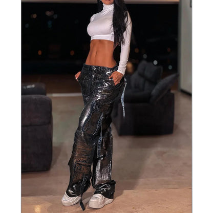 Y2K Streetwear Metallic High Waist Zipper Detail Patched Pants Flap Pocket Hip Hop Cargo Jogger Pants Daily Comfy Trousers