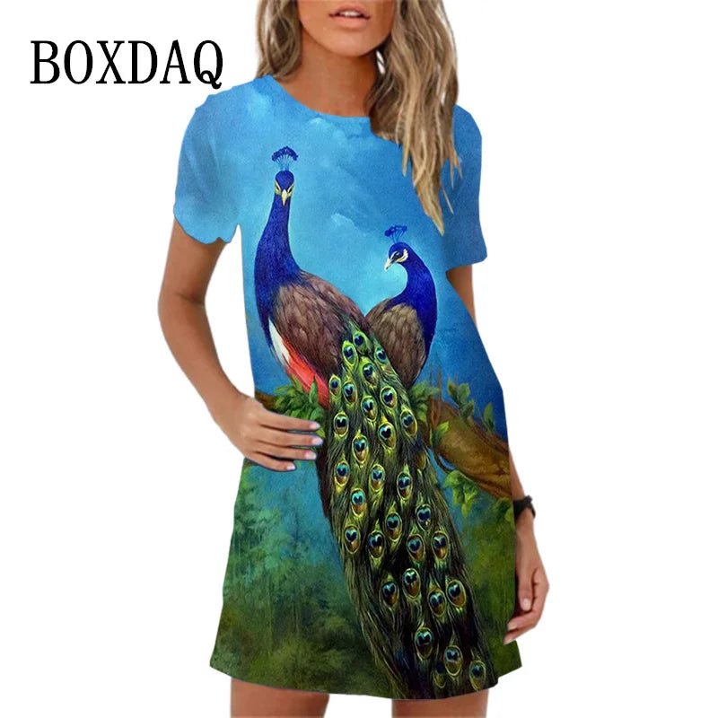 Sweet Cute 3D Print Women Dresses 2023 New Summer Short Sleeve Peacock Pattern Loose A-Line Dress Loose Casual Beach Party Dress
