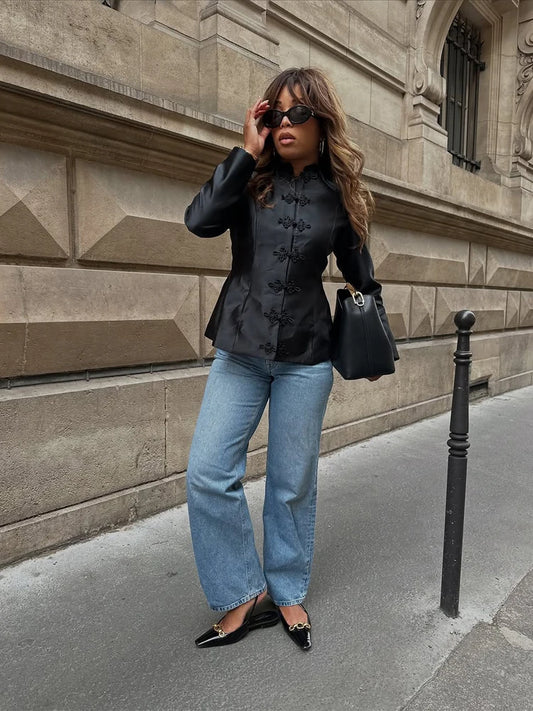 Chic Satin Women Short Buttoned Coat Elegant Round Neck Single Breasted Cinched-waist Crop Jacket 2026 Lady Commute Street Coats