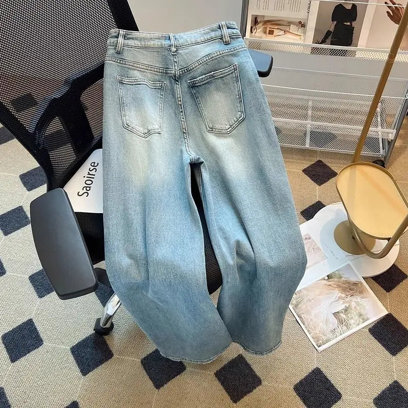 Embroidered Panda Straight Jeans Female Summer High Waist Design Sense Casual Fashion Temperament Slim Wide-leg Pants