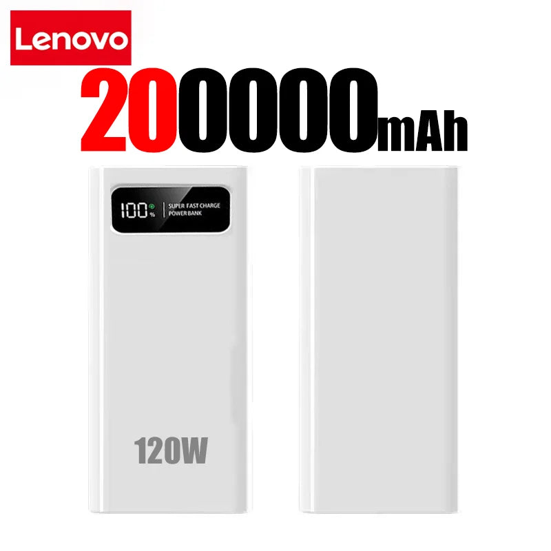 Lenovo 200000mAh LED Digital Display Power Bank High Capacity 120W Super Fast Charging Portable External Battery For IPhone NEW