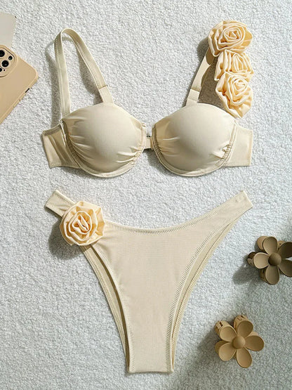 2025 New Sexy Bikini Set Women Swimsuit 3d Flower Strap Swimwear Push Up Thong Bathing Suit Underwire Biquini 2 Piece Beachwear