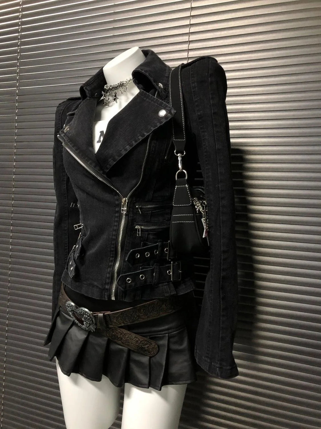 Y2K Gothic Black Coat  Bomber Jacket Women Harajuku Vintage Turn Down Collar Denim Jacket Punk Diagonal Zipper Motorcycle Jacket