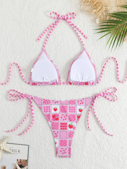 Bikini Women Swimsuit 2026 New Print Halter Bikinis Set Sexy Thong Swimwear Summer Two Piece Backless Beach Bathing Suit Female