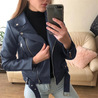 Women Vintage Faux Leather Bomber Jacket Slim Fit Long Sleeve Zipper Windbreaker Motorcycle Leather Jackets Casual Outwears