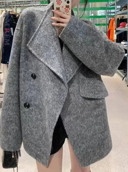 [LANMREM] Fashion Solid Color Loose Wool Coat For Women Turn Down Collar Single Breasted Coats 2025 Winter New Tide 26DA1533
