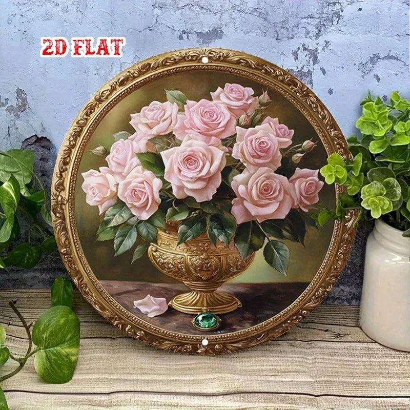 Classic Tin Decor-Elegant Gold-Framed Painting of Pink Roses in Ornate Vase,Round Poster for Living Room,Studio,or Diner Terrace