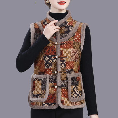 5XL Middle-aged Mother Vest Autumn Winter New Printed Fleece Vest Coat Female Sleeveless Jacket Grandma Thicken Warm Waistcoat