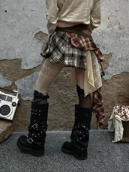 Women's Maillard Grid Splicing Skirt Y2K Irregular Stacked Japanese Harajuku Street Fashion Academy Retro Mini A-line Skirt 2024