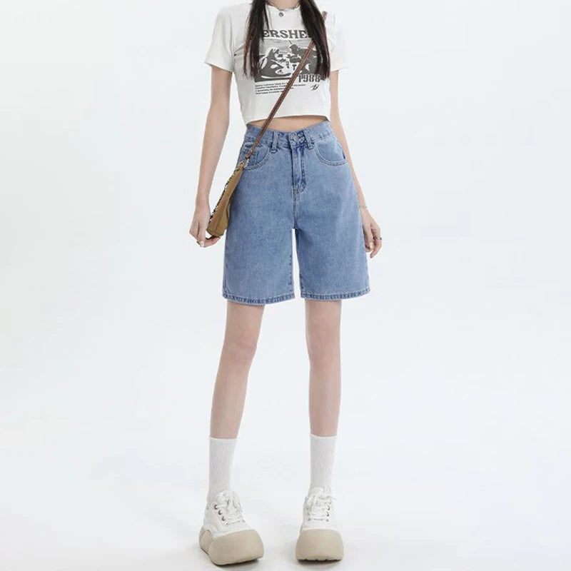 High Waist Wide Leg Five Inch Denim orts Women's Hip Covering Loose Straight Cut Student 5 Point mid Pants Retro Sle