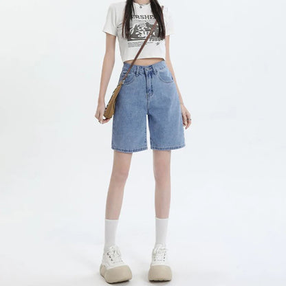 High Waist Wide Leg Five Inch Denim orts Women's Hip Covering Loose Straight Cut Student 5 Point mid Pants Retro Sle