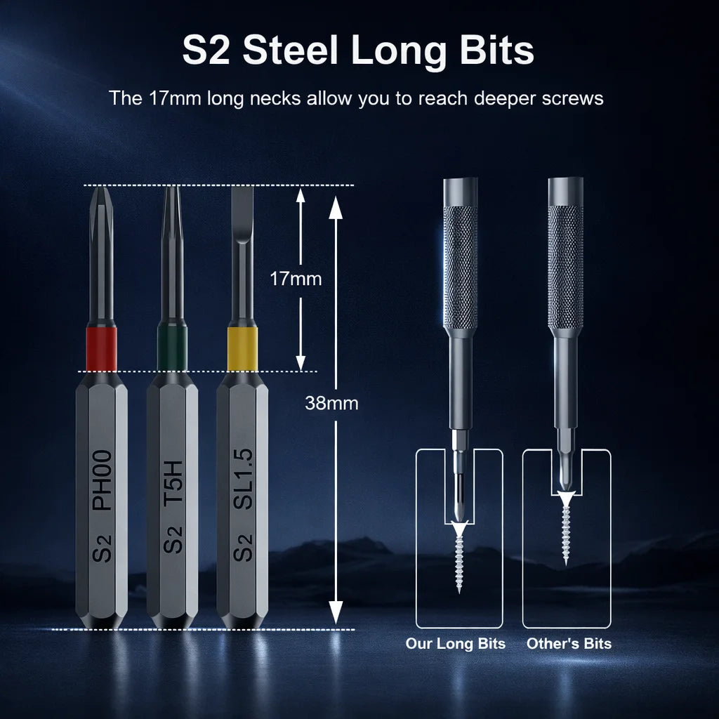 Precision Screwdriver Set, Screwdriver Kit with 36 Long S2 Bits, Magnetic Repair Tool for Glasses, Watches, PC, Computer, Camera