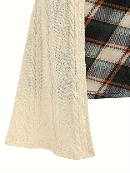 European and American fashion elegant temperament stitching buckle plaid printed knit dress women