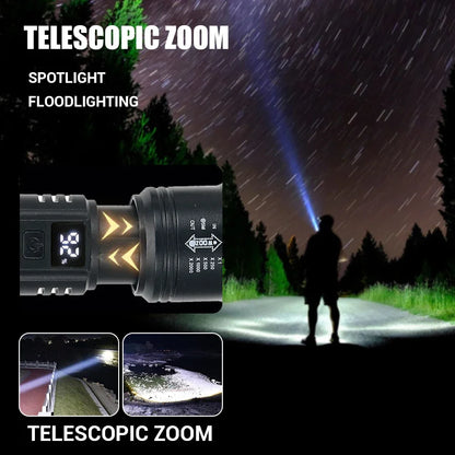 Hochleistungs-LED-Taschenlampe (2000 lm) mit Display, USB-Ladefunktion, ideal für Camping, Angeln und Notfälle.