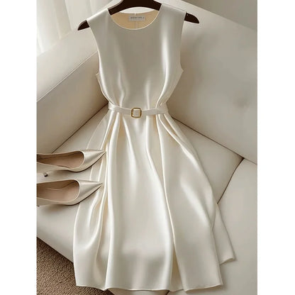 Summer New Elegant Office Lady Formal Dress Women's O-Neck Sleeveless Solid Color Celebrity Mini Party Vestidos With Belt 382P