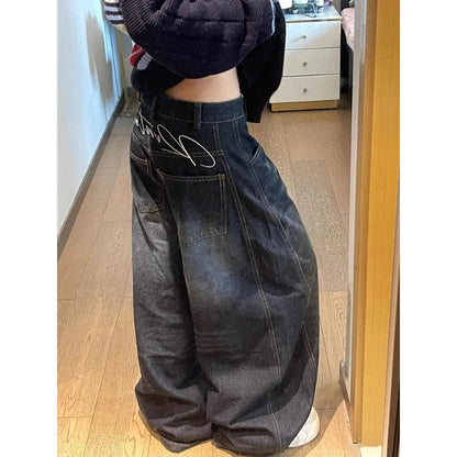 Womens Jeans High Waist Vintage Design Hip Hop Straight Baggy Denim Pants Street Y2K American Style Wide Leg Denim Trouser