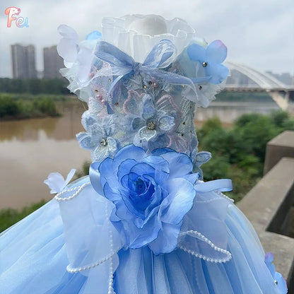 2026 Handmade Blue Puppy Dog Clothing Luxury Embroidery Flower Lace Bow Long Tail Party Dresses For Small Medium Dog Pet Clothes