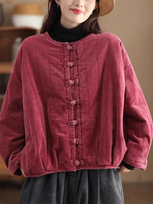 Warm Quilted Corduroy Jacket for Women, Thickened Vintage Coat with Traditional Chinese Frog Buttons, Winter Spring Outerwear