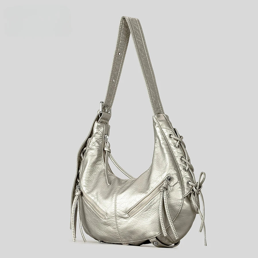 Strappy Punk Style Motorcycle Underarm Bag for Women Messenger Bag Large Capacity Soft PU Leather Female Shoulder Bag Handbag