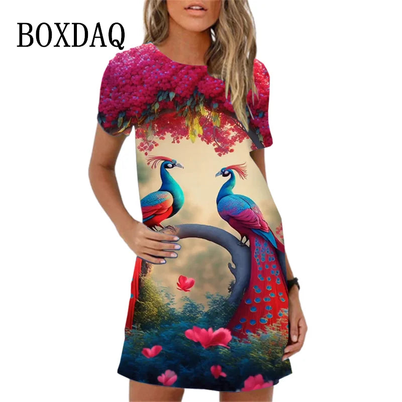 Sweet Cute 3D Print Women Dresses 2023 New Summer Short Sleeve Peacock Pattern Loose A-Line Dress Loose Casual Beach Party Dress